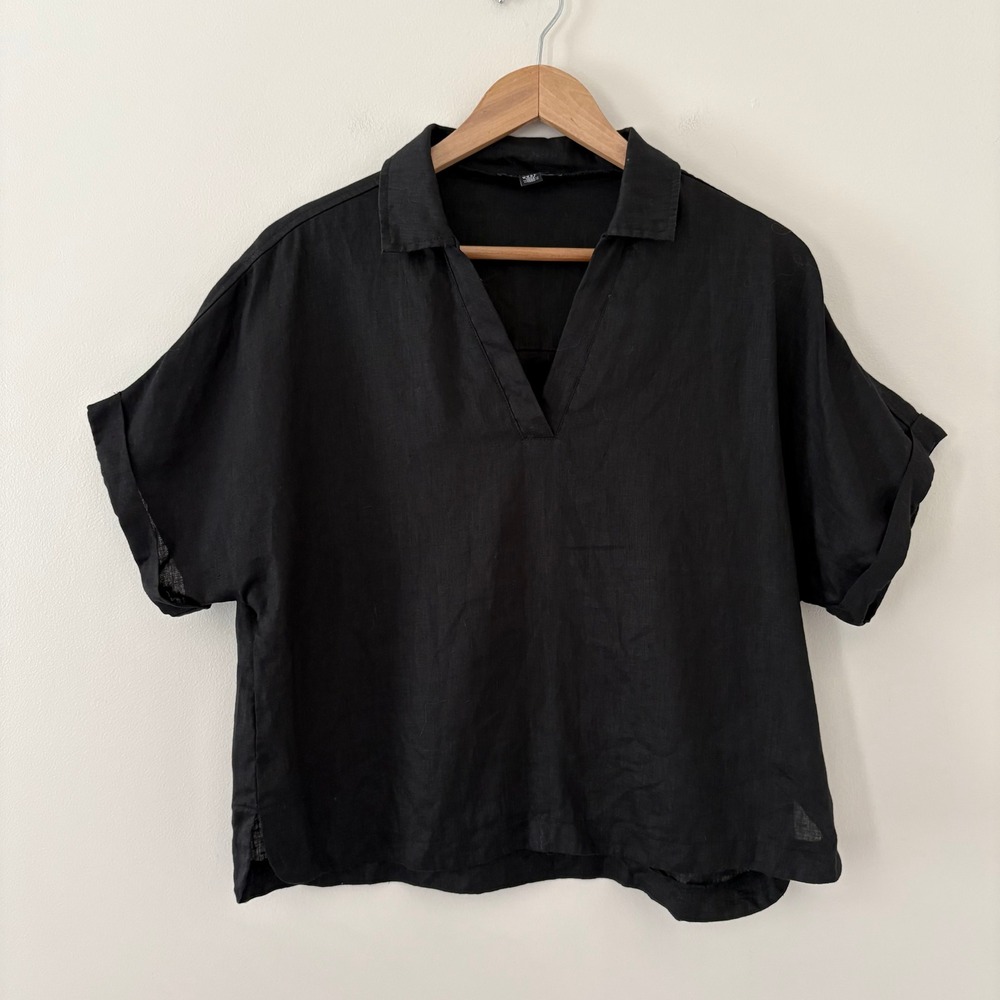 Saks Fifth Avenue Top Medium Black 100% Linen V-Neck Short Sleeve Boxy Blouse